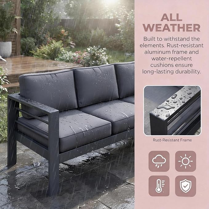 Kiss the Water Outdoor Couch Aluminum Patio Furniture Sofa, 3 Seat All-Weather Metal Patio Couch with 5" Thick and Soft Cushion and Wide Arm, Outdoor Sofa for Balcony, Porch