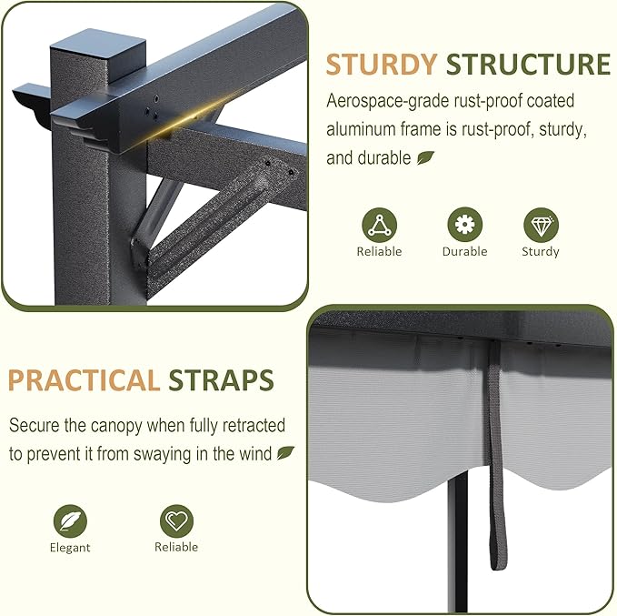 10'x12' Outdoor Pergola with Retractable Canopy, Patio Metal Heavy-Duty Gazebo Shelter for Backyard, Deck, Garden