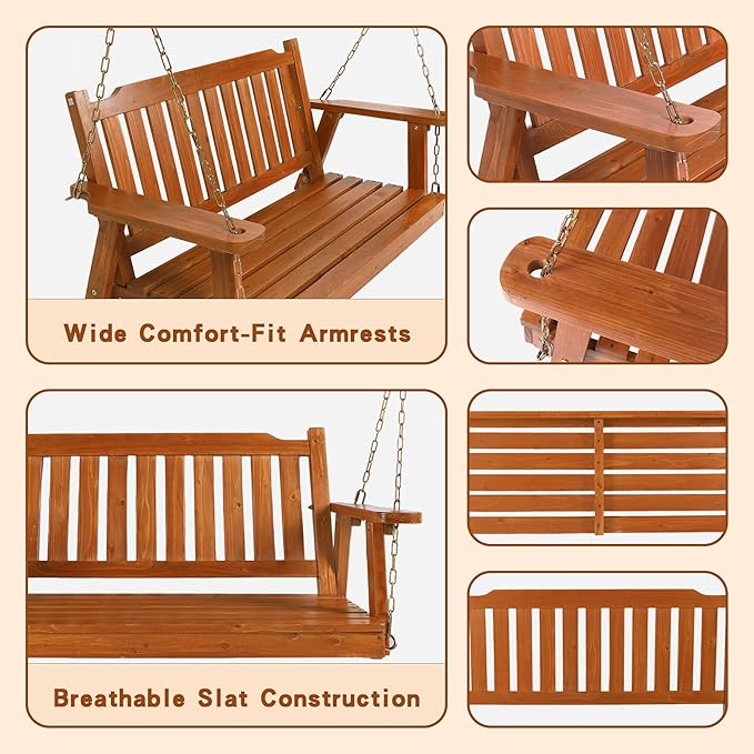 Wooden Porch Swing 2-Seater, Bench Swing with Hanging Chains, Heavy Duty 800 LBS, for Outdoor Patio Garden Yard, 4 Ft, Brown
