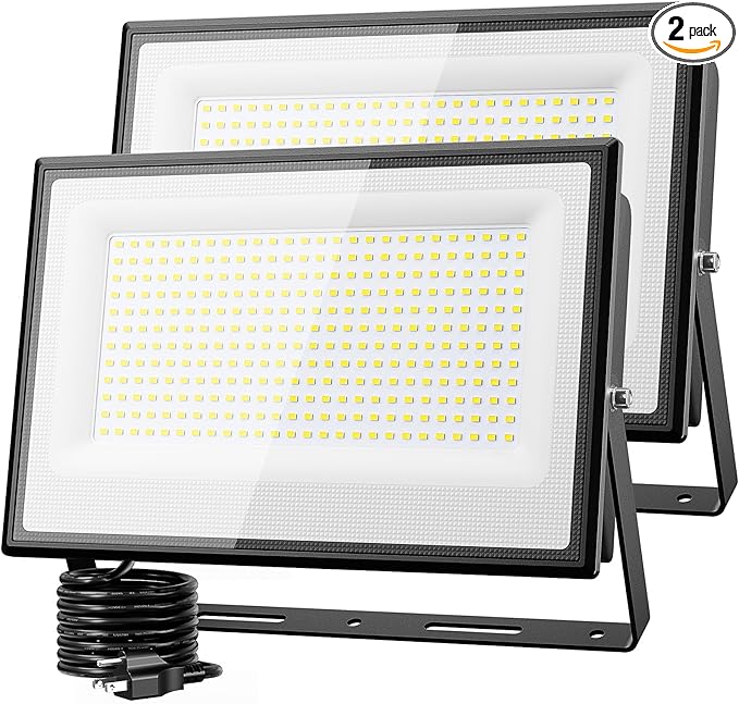 Olafus 2 Pack 300W LED Flood Light Outdoor, Super Bright Outside Floodlights with Plug, IP66 Waterproof 6500K Daylight White Exterior Security Light for Yard Stadium Lawn Barn