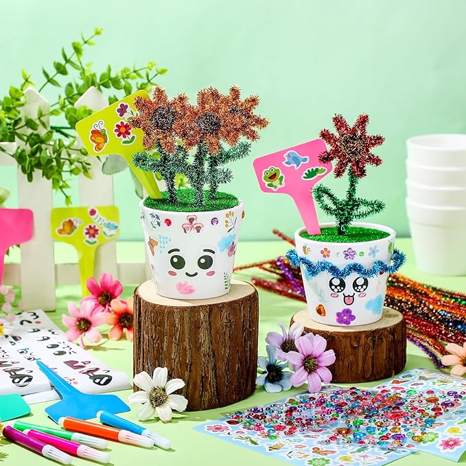 Funnymoom 36 Pcs Garden Plastic Paintable Flower Pot Craft Kit DIY Painting Flower Pots with Watercolor Stickers Pipe Cleaners Growing Kits for Home Spring Summer Mother's Day Fun Activity (Cute)