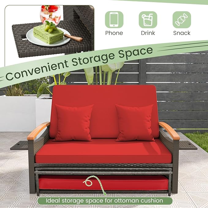 Tangkula Patio Rattan Daybed with 4-Level Adjustable Backrest, Outdoor Wicker Loveseat with Acacia Wood Armrest, Storage Ottoman & Folding Tray, Double Sunbed for Balcony, Backyard & Poolside, Red