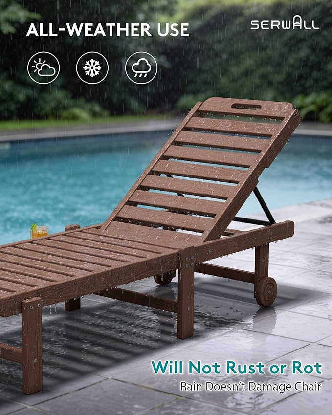 SERWALL Patio Chaise Lounge Set of 4, HDPE Outdoor Lounge Chair with Cup Holder, 5 Positions Adjustable Poly Lounger with Rolling Wheels for Poolside, Deck, Sunbathing, Brown