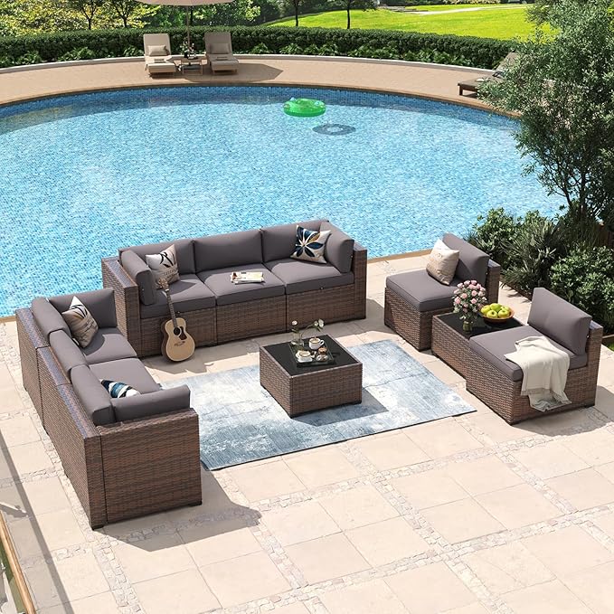 Aoxun 10 Piece Patio Furniture Set Wicker Rattan Patio Conversation Set Outdoor Sectional Sofa Set with Coffee Table and Thickened Cushions, Gray(Waterproof Cover Included)
