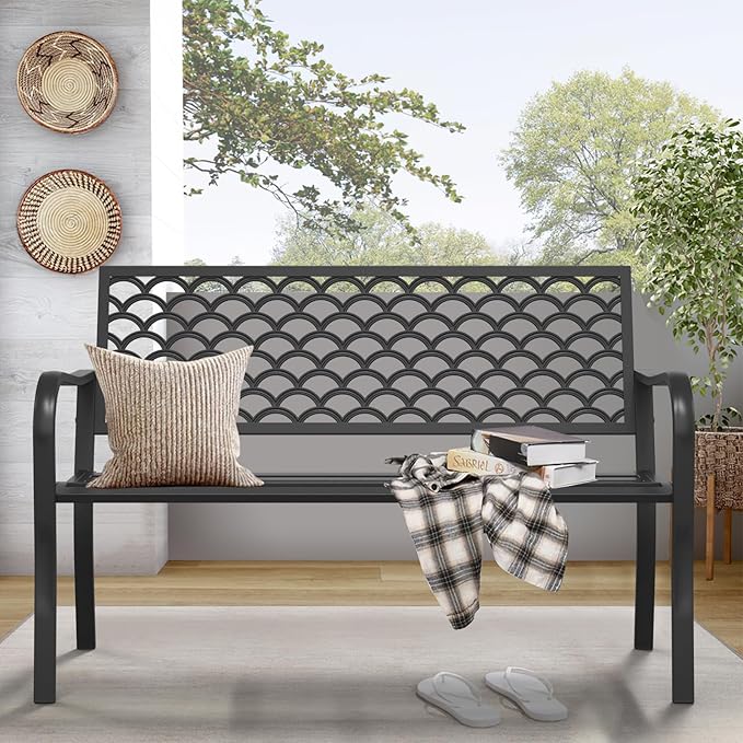 On Shine Outdoor Garden Bench Cast Iron Steel Outdoor Bench Clearance Weatherproof Metal Park Bench for Porch, Yard, Lawn, Deck (Scale)