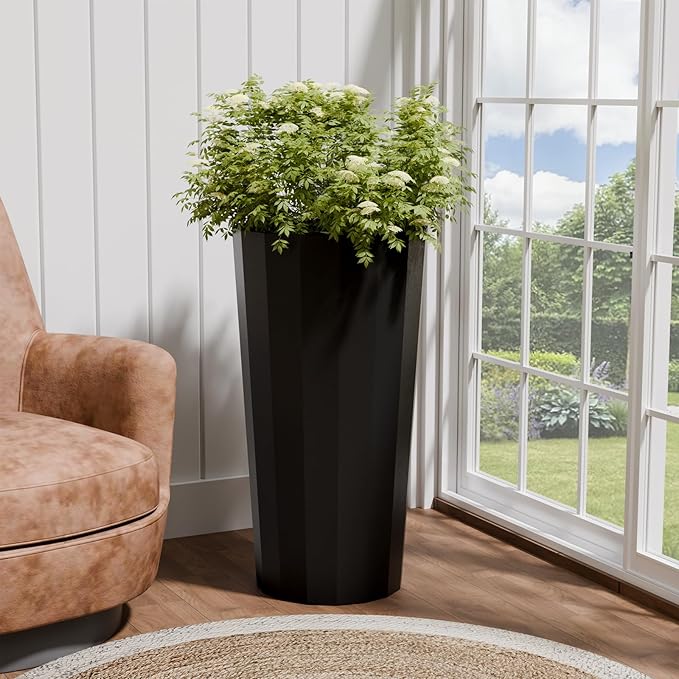 23.6" Tall Outdoor Planters Set of 2, Large Planters for Outdoor Plants for Porch Decor with Drainage Hole, Wide Stripe Design Porch Flower Pots for Indoor Pot Patio/Garden, Black