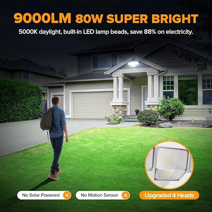 LUTEC 80W Dusk to Dawn Flood Lights Outdoor, 9000LM Super Bright LED Security Light with Photocell, IP65 Waterproof, 5000K Daylight, Hardwired 4 Heads Floodlight for Garage, Yard, Patio (White)