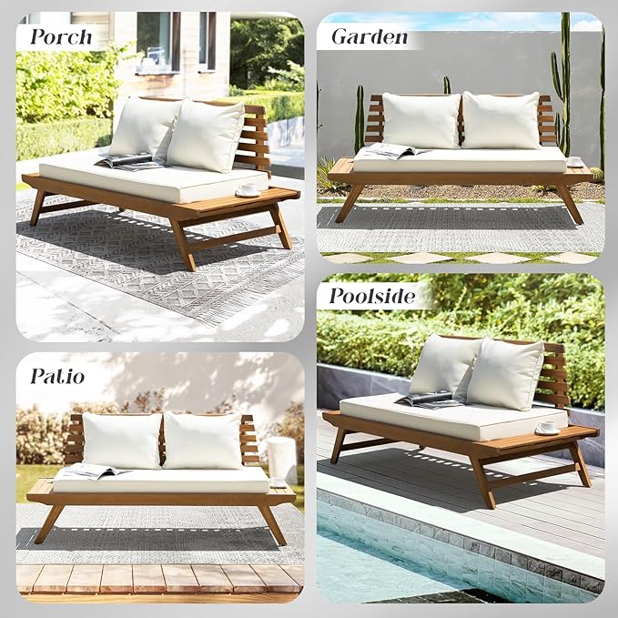 Idzo Lucille Updated 800lbs Capacity Acacia Patio Loveseat, FSC Certified 2 Seater Outdoor Sofa with 3.9in Thick Cushions, Teak Finish Porch Couch for Garden Backyard
