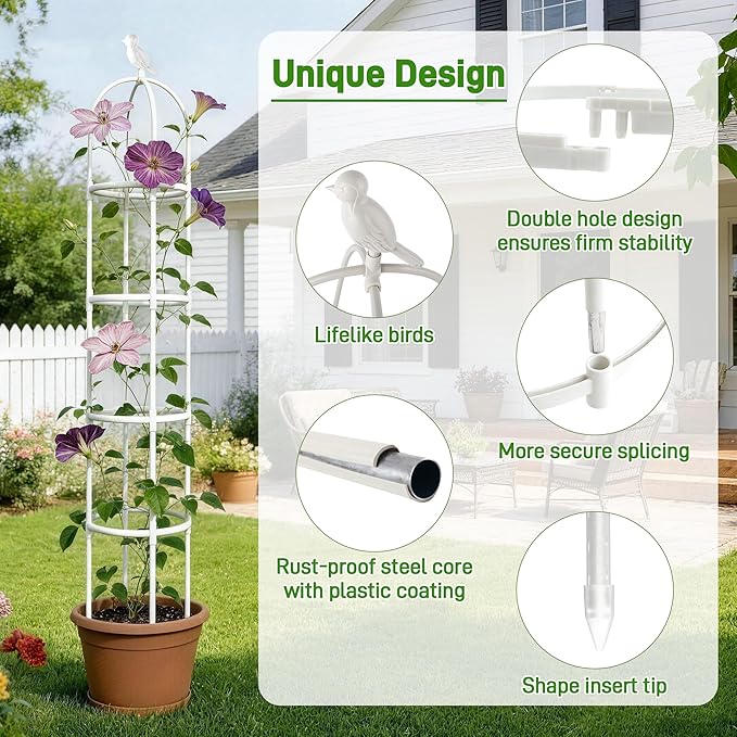 6ft Garden Obelisk Trellis for Climbing Plants-Rustproof Metal Pipe with Heavy Duty Plastic Coated, Garden Outdoor Indoor Potted Plant Support for Clematis Vine Jasmine Support （White）