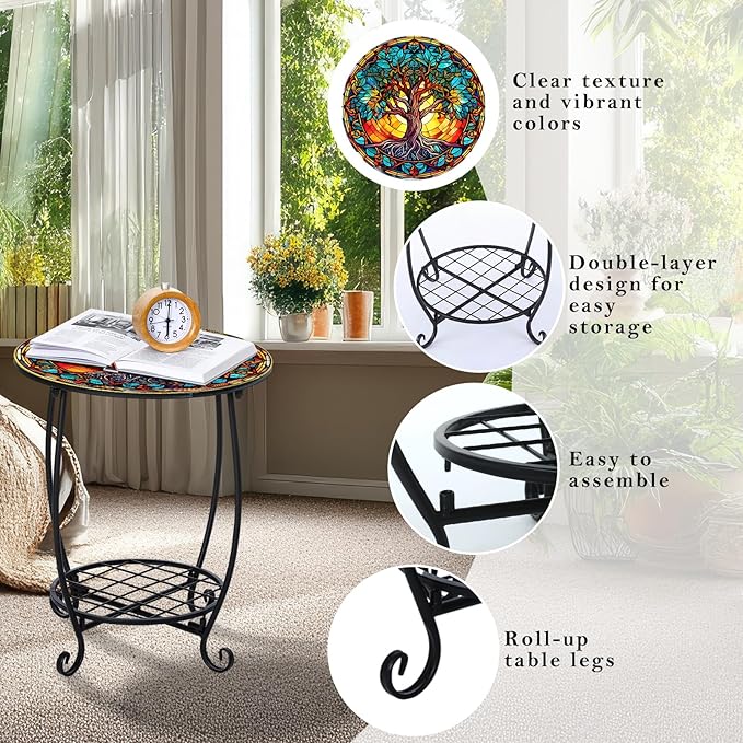 Outdoor Side Table Round Small Mosaic Patio Accent Indoor End Plant Coffee Tea Table for Yard Patio Porch Garden Living Room, Bedroom(Tree of Life Style,18 Inch)
