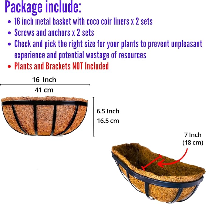 LaLaGreen Wall Planters - 16 Inch, 2 Pack Deck Railing Planter Boxes for Outdoor Plants, Window Flower Box with Coco Liners Metal Horse Troughs Fence Balcony Garden Herb Pot Patio Porch Over Rail
