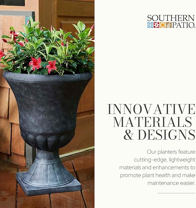 Southern Patio Winston Plant Urn, Garden Planter Urn for Flowers and Plants, 16" D x 16" W x 21" H, Weathered Black, 2 Pack