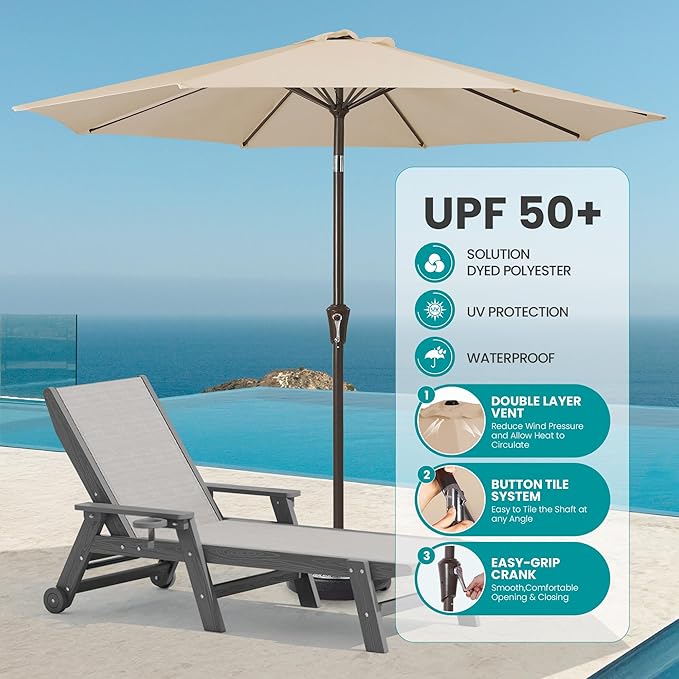 SERWALL Textilene Patio Chaise Lounge Chair Set of 2 with 9FT Patio Umbrella, 5 Positions Outdoor Lounger with Rolling Wheels for Pool, Deck, Grey (Umbreall Base not Included)