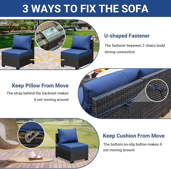 Jing's Villa 2 Piece Patio Wicker Armless Sofa, All-Weather Outdoor Sectional Sofa Set with Thick Seat Cushions and 2 Back Cushions for Garden Patio, Backyard, Poolside Navy