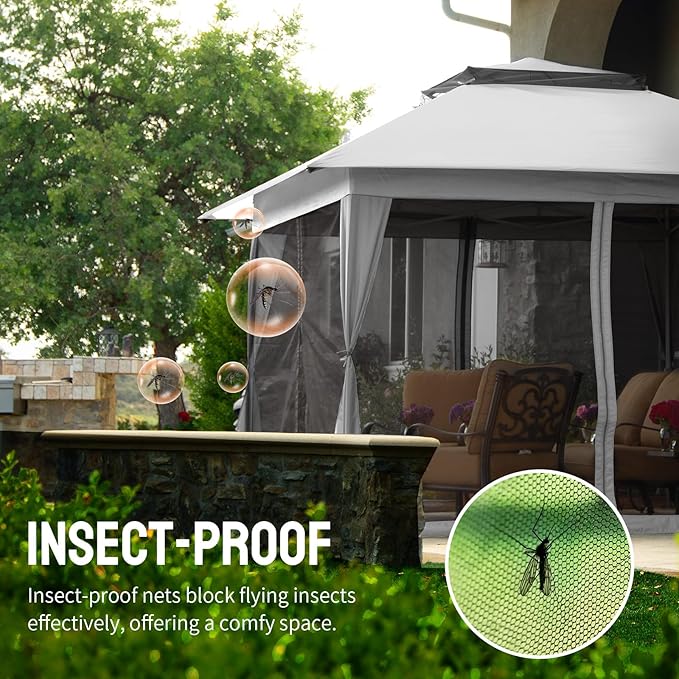CROWN SHADES 11X11 Outdoor Pop Up Gazebo Base 10X10 Patio Gazebos Patented Center Lock Quick Setup Newly Designed Storage Bag Instant Canopy Tent with Mosquito Nettings (11x11, Gray)