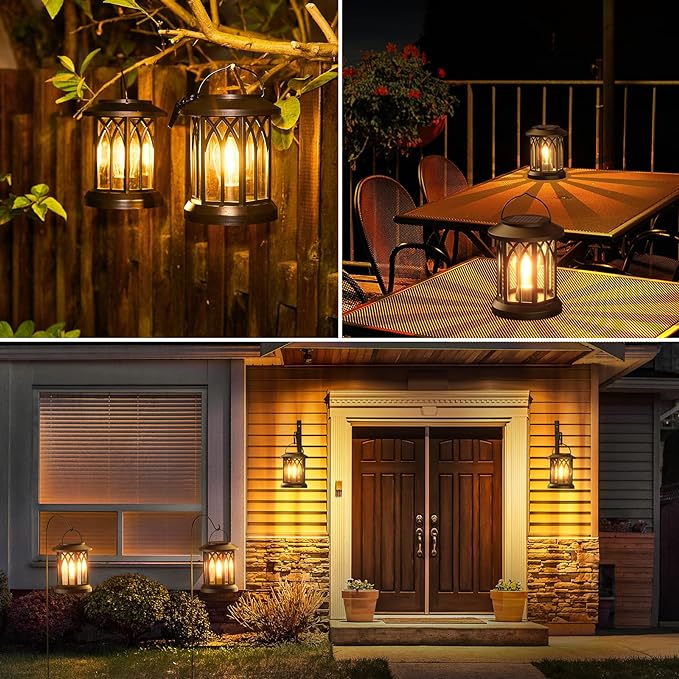 WdtPro Solar Lanterns Outdoor Waterproof, Upgraded Bright Hanging Solar Lights for Outside,Solar Powered Lanterns Lighting LED for Garden Patio Yard Decorative 2 Pack (Warm Light)