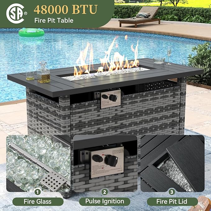 Aoxun 7 Piece Patio Furniture Set with Wide Armrests & 44” Fire Pit Table Wicker Rattan Outdoor Sectional Sofa Set with Coffee Table and Thickened Cushions, Gray/Blue(Waterproof Cover Included)