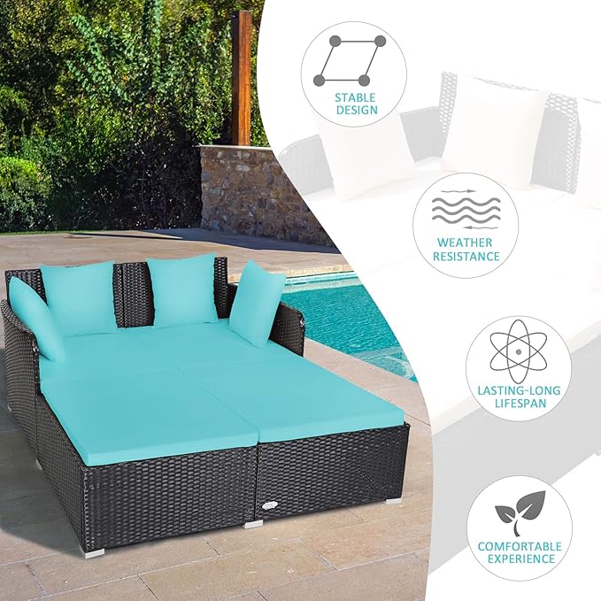 Tangkula Outdoor Rattan Daybed, Sunbed Wicker Furniture w/Spacious Seat, Upholstered Cushion & High-Resilience Sponge, Wicker Patio Sofa Set w/Extra Pillows for Courtyard Poolside(Turquoise)