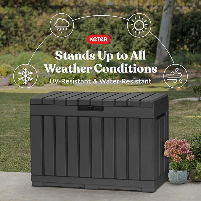 Keter Kentwood 50 Gallon Resin Deck Box for Outdoor Storage – Weather‑Resistant Balcony & Patio Box for Cushions, Throw Pillows & Garden Tools, Dark Grey