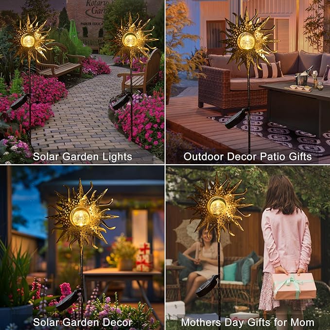HOMEIMPRO Large Sun Solar Garden Decor Lights Outdoor Garden Gifts Mom Dad, Crackle Glass Metal Stake Backyard Decor, Waterproof LED Lights for Lawn Patio Ornaments, Mothers Day Gifts for Women
