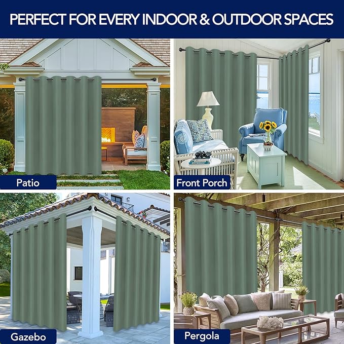 PureFit Outdoor Curtains for Patio Waterproof Weatherproof, UV Resistant Outside Curtains for Gazebo, Front Porch, Pergola, Sun Blocking Privacy Curtain, 100W x 120L inch, 1 Panel, Sage Green