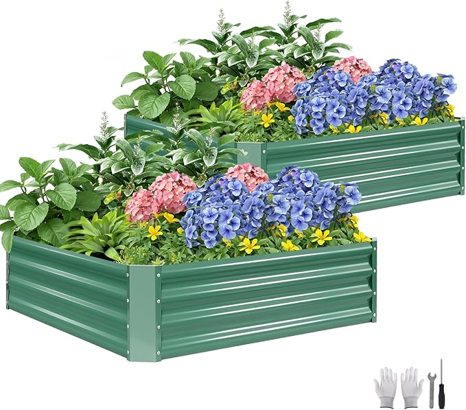 ZORMY 2 Pcs 4x4x1ft Galvanized Raised Garden Bed Outdoor, Metal Planter Boxes with Easy Assembly, Planter Raised Beds for Gardening, Flower, Plants, Vegetable, Herb - LotusGreen