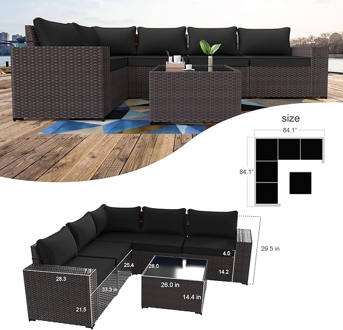 Kullavik 6PCS Outdoor Patio Furniture Set PE Wicker Rattan Sectional Sofa Patio Conversation Sets,Black