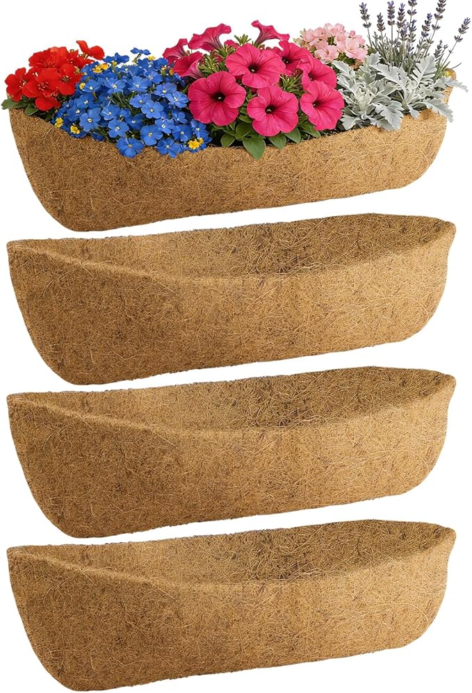 36in Arched Coco Liners for Window Planter Box - 4 Pack 100% Natural Coconut Coir Fiber Liner Replacement for Deck Flower Box, Garden Railing Fence Trough, Wall Planter Basket