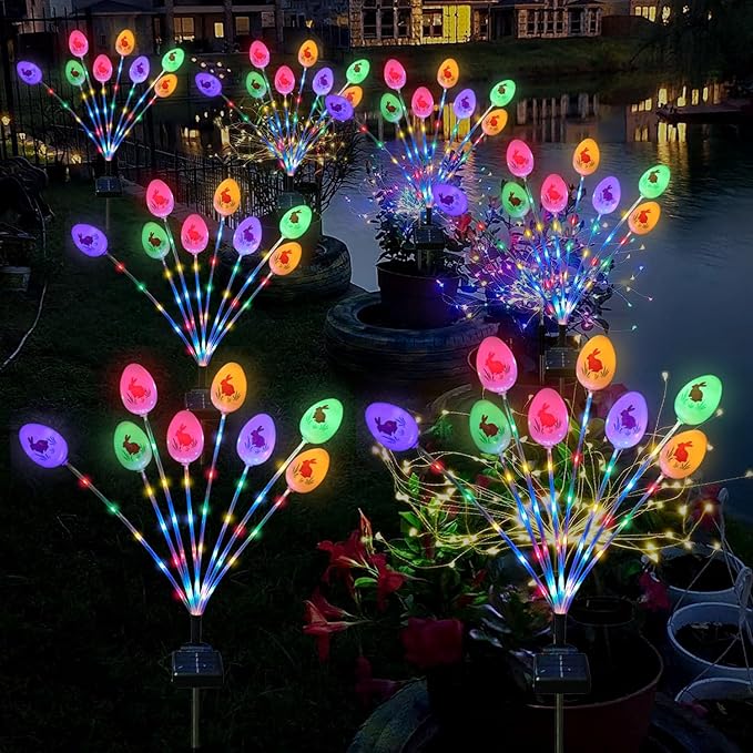 Lmtocs Solar Easter Decorations Outdoor Stake Lights, 2 Packs 16LED Solar Egg Lights for Easter Decor, Waterproof Outdoor Decor for Spring Garden Yard Pathway Lawn