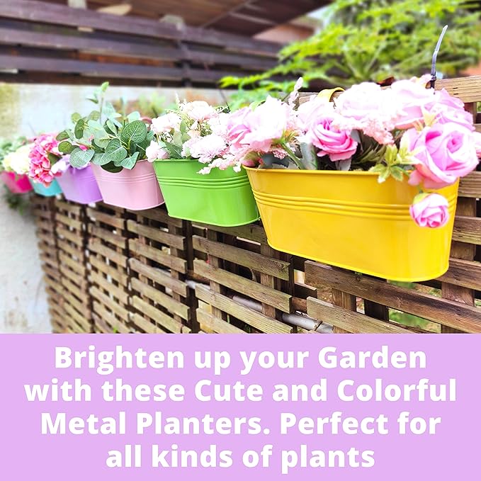 LaLaGreen Rail Planter Outdoor Plants (6 Pack, 9.8 Inch) Small and Cute Metal Iron Strawberry Hanging Flower Pot Deck Railing, Colorful Mini Fence Bucket Wall Mount Window Box Plant Holder Porch Decor