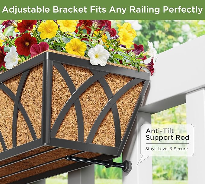 Y&M 24 Inch Window Deck with Coco Liner, Fence Metal Hanging Flower Planter Window Basket Deck Railing Planter Boxes for Outdoor Garden Lawn, 24" Window Boxes Horse Trough with Coconut Coir Liner,4pcs