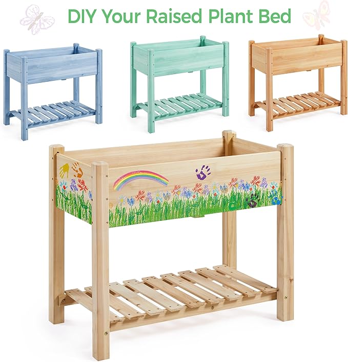 Yaheetech 34x18x30in Horticulture Raised Garden Bed 2pcs Planter Box with Legs & Storage Shelf Wooden Elevated Vegetable Growing Bed for Flower/Herb/Patio/Balcony, Natural Wood