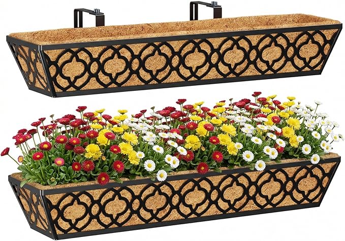 Y&M 2pcs 30" Window Boxes Horse Trough with Coconut Coir Liner,30 Inch Window Deck with Coco Liner, Black Metal Hanging Flower Planter Window Basket Deck Railing Planter Boxes for Outdoor Indoor