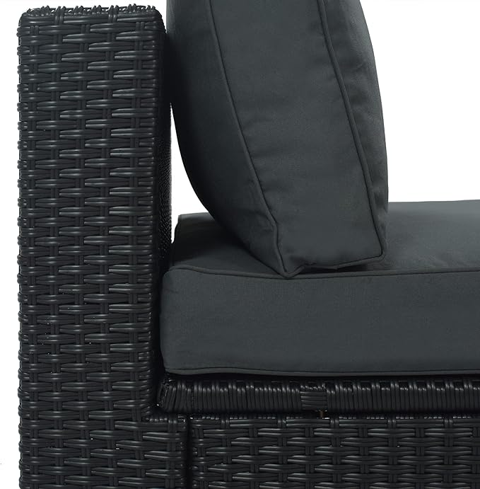 Merax 7-Piece Outdoor Wicker Sectional Sofa Set,Modular Rattan Conversation Set with Gray Cushions,Striped Green Pillows & Tempered Glass Coffee Table for Patio,Garden,Deck,Black