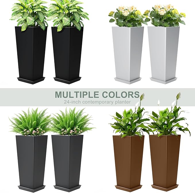 24" Set of 2 Tall Black Planters for Outdoor Plants, Large Flower Pots Planters with Drainage Holes & Tray, Modern Indoor Tapered Planter for Front Porch