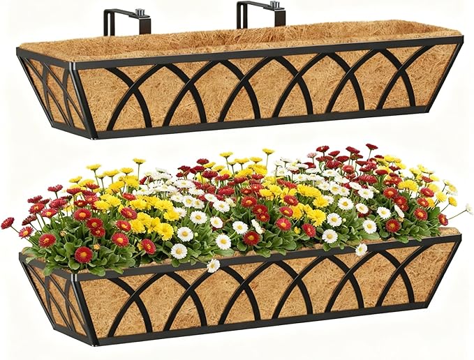 24 Inch Window Deck with Coco Liner, 24" Window Boxes Horse Trough with Coconut Coir Liner, Fence Metal Hanging Flower Planter Window Basket Deck Railing Planter Boxes for Outdoor Garden Lawn, 2pcs