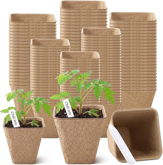 120 Pcs Square Peat Pots for Seedlings with 120 Plant Labels 3.25 and 2.3 Inch Seed Plant Starting Biodegradable Nursery Pots with Drainage Holes for Indoor Outdoor Gardens
