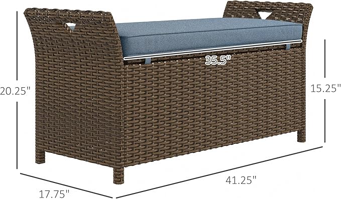 Outsunny 29 Gallon Patio Wicker Storage Bench, Outdoor PE Rattan Patio Furniture, 2-in-1 Large Capacity Rectangle Garden Storage Box with Handles and Cushion, Dark Blue