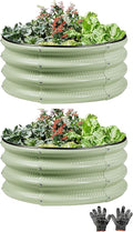 2 Pcs 2x2X1 ft Galvanized Raised Garden Bed with Embossed Leaf Vein Pattern, Light Green Metal Round Outdoor Planter Box for Vegetables, Fruits, Flowers & Herbs