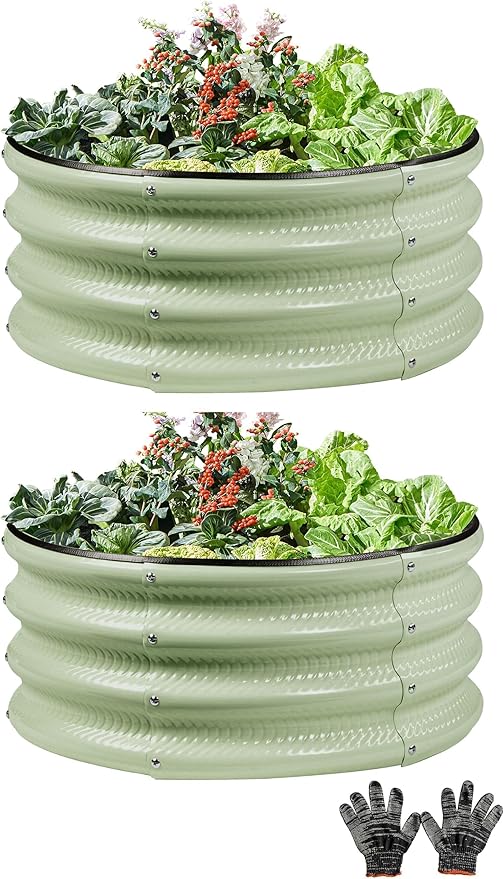 2 Pcs 2x2X1 ft Galvanized Raised Garden Bed with Embossed Leaf Vein Pattern, Light Green Metal Round Outdoor Planter Box for Vegetables, Fruits, Flowers & Herbs
