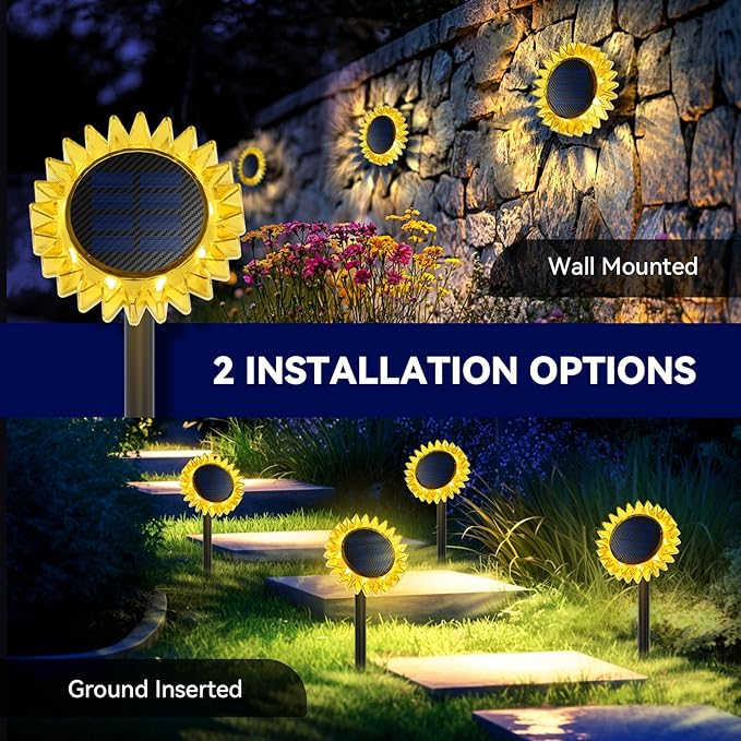Outdoor Solar Lights, 6 Pack Led Solar Sunflower Lights, Stake/Wall 2-in-1 Waterproof Solar Garden Lights for Yard, Landscape, Fence, Patio, Driveway, Pathway, Backyard Decoration (Warm White)