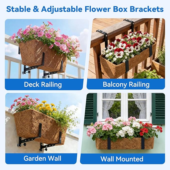 Halatool 2-Pack Adjustable Window Box Bracket, Heavy Duty Wall Mount Planter Holder for Outdoor Window Flower Boxes on Balcony, Porch, Fence and Patio