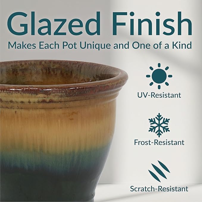Sunnydaze Round Ceramic Planter - Set of 2 Indoor or Outdoor Plant Pots with Drainage Hole - Studio - 11" - Forest Lake Green Glaze
