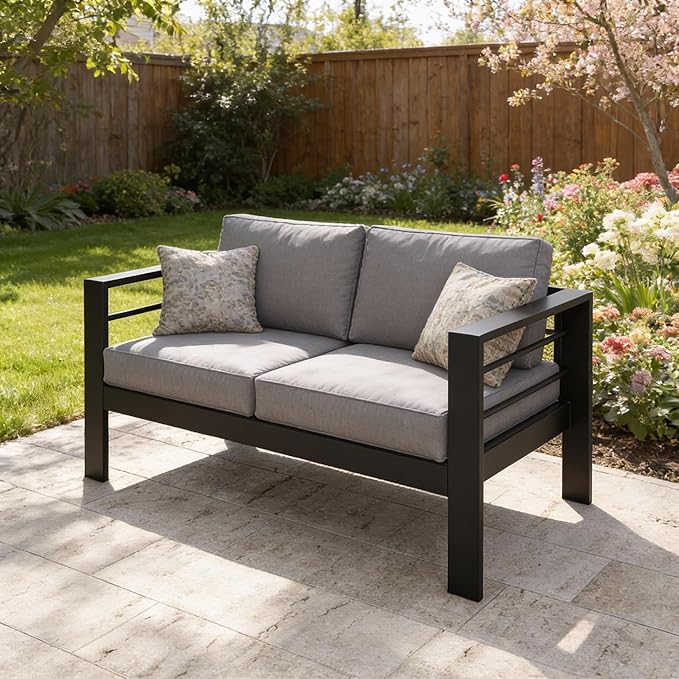 Kiss the Water Outdoor Patio Furniture Loveseat Sofa, All-Weather Metal Aluminum Patio Couch with 5" Thick and Soft Cushion and Wide Arm, Outdoor Couch for Balcony, Porch, Backyard