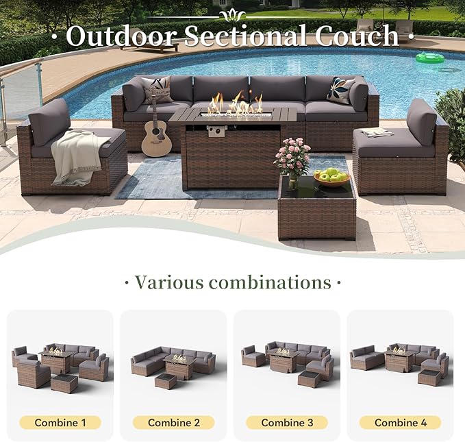 Aoxun 8 Piece Patio Furniture Set with 44” Fire Pit Table Wicker Rattan Outdoor Sectional Sofa Set with Coffee Table and Thickened Cushions, Gray (Waterproof Cover Included)
