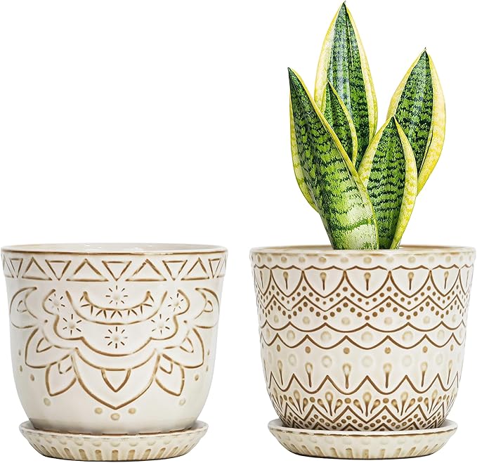 Gepege Beaded Ceramic Planter 6 Inch Set of 2 with Drainage Hole and Saucer for Plants, Indoor-Outdoor Large Round Succulent Orchid Flower Pot (Cream White, Inner-pots not Larger Than 5 Inch)