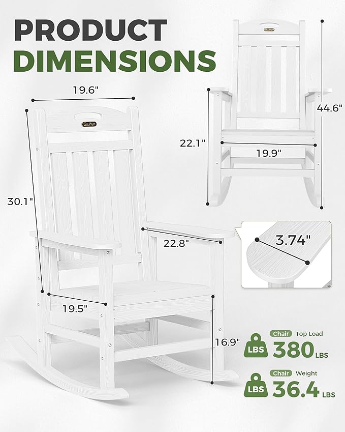 Oversized Outdoor Rocking Chair, High Back Patio Rocking Chair, HDPE All Weather Resistant Rocking Chairs for Patio,380lbs Weight Capacity, White