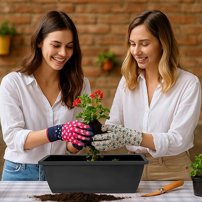 Window Box Planter, 12 Pack Plastic Vegetable Flower Planters Boxes 17 Inches Rectangular Flower Pots with Saucers for Indoor Outdoor Garden, Patio, Home Decor (Brick RED) (Dark Grey)