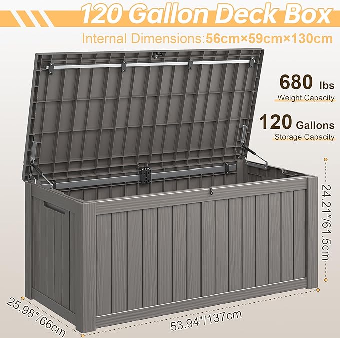 Outdoor Storage Box, Resin Deck Boxes Indoor and outdoor, Waterproof Storage Box Lockable Lid (Grey, 120 Gallon)
