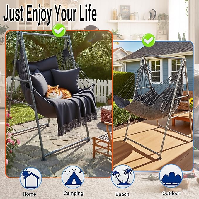 Hammock Chair Stand with X-Large Swing Chair with Footrest，Anti-Tip Thickened Weather-Resistant Iron Pipe Swing Frame, 450Lbs Stand Capacity Quick Assembly for Indoor Outdoor (Dark Grey)
